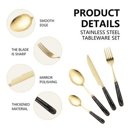 24-Piece Stainless Steel Cutlery Set with Elegant Marble Ceramic Handles - Main Dinner Knife, Fork, Spoon, Teaspoon - Luxury Gift Set(Black)