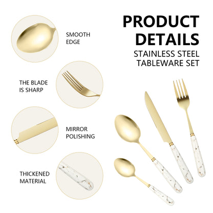 24-Piece Stainless Steel Cutlery Set with Elegant Marble Ceramic Handles - Main Dinner Knife, Fork, Spoon, Teaspoon - Luxury Gift Set(White)