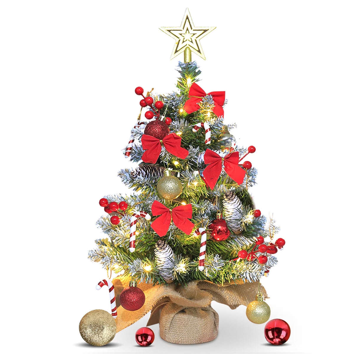 24 inch Tabletop Christmas Tree, 2ft Pre-Lit Christmas Tree w/ Star Treetop, Mini Xmas Small potted Tree w/ LED String Lights, Branch Tips DIY Ornaments, Pine Cones, Balls for Table Indoor Home, Red