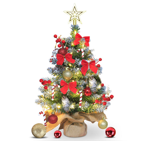 24 inch Tabletop Christmas Tree with LED String Lights Mini Christmas Tree with Frosted Branch Tips DIY Ornaments, 2ft Xmas Small Cedar Tree with Pine Cones/Christmas Balls for Table Indoor Home, Red