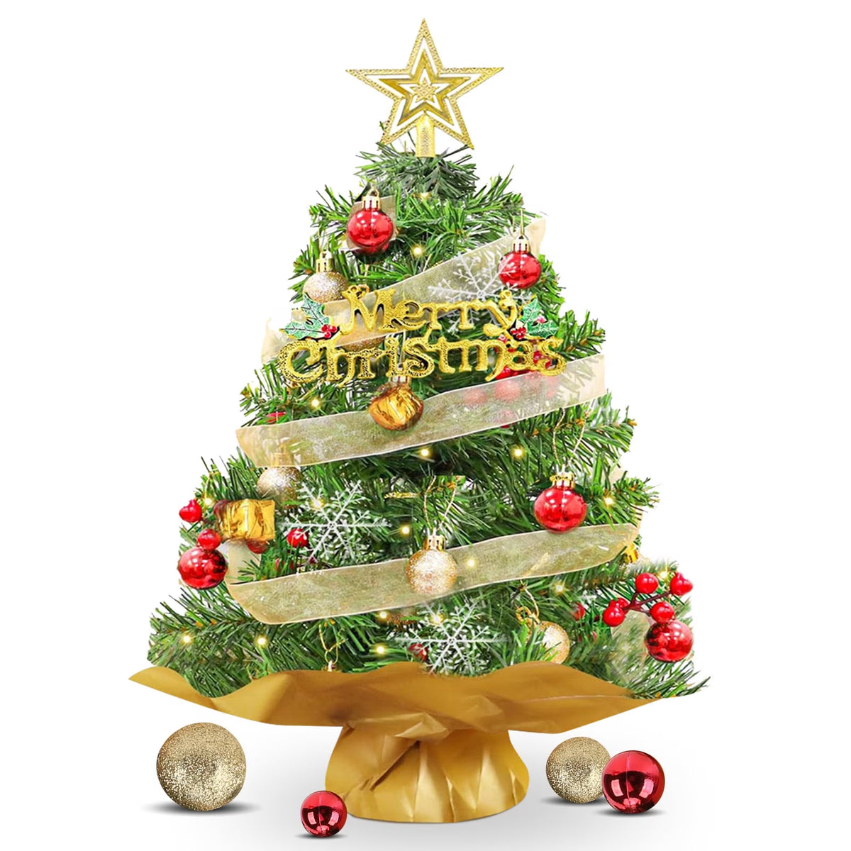 24 inch Tabletop Christmas Tree with LED String Lights/Red Berries Pine Cones, Pre-Lit Mini Christmas Tree w/ 30 DIY Ornaments, 2ft Small Artificial Xmas Tree for Holiday Indoor Christmas Decoration