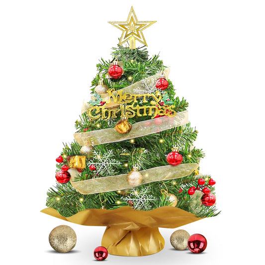 24 inch Tabletop Christmas Tree with LED String Lights/Red Berries Pine Cones, Mini Christmas Tree with 30 DIY Ornaments, 2ft Small Artificial Xmas Spruce Tree for Holiday Indoor Christmas Decoration