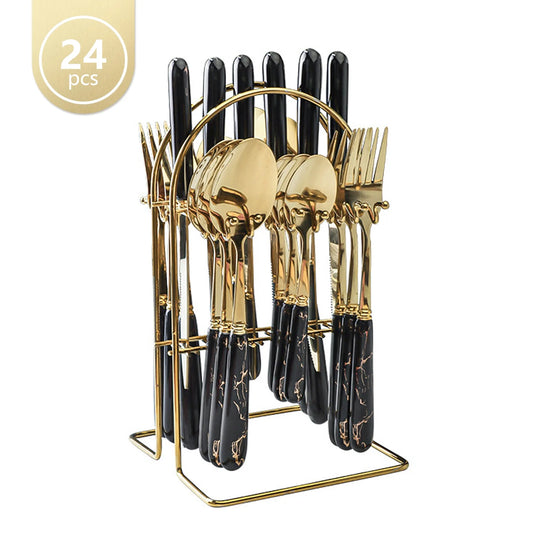 24-Piece Stainless Steel Cutlery Set with Elegant Marble Ceramic Handles - Main Dinner Knife, Fork, Spoon, Teaspoon - Luxury Gift Set(Black)