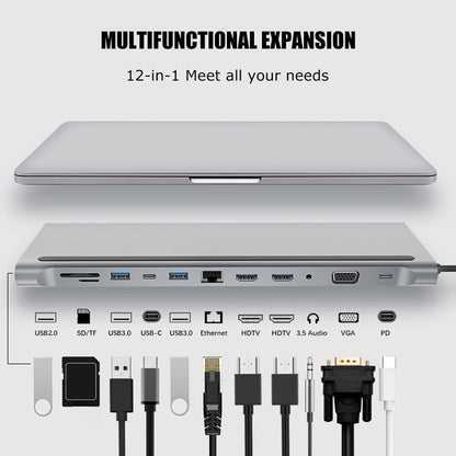 USB C Docking Station 12-in-1 USB C Hub with Dual HD-MI 4K Monitors Ports, 3 USB A Port, 87W PD Charging, TF/SD Card Reader, VGA, RJ45 LAN Port, USB C 3.0 Adapter for PC/Laptop/Phone