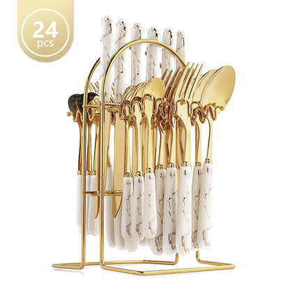 24-Piece Stainless Steel Cutlery Set with Elegant Marble Ceramic Handles - Main Dinner Knife, Fork, Spoon, Teaspoon - Luxury Gift Set(White)