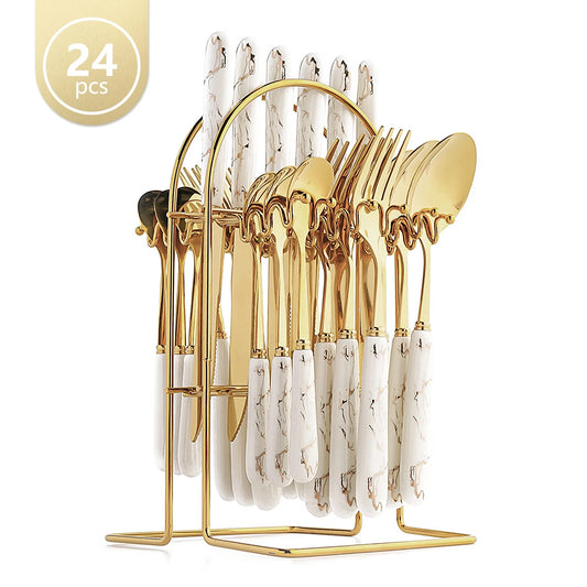 24-Piece Stainless Steel Cutlery Set with Elegant Marble Ceramic Handles - Main Dinner Knife, Fork, Spoon, Teaspoon - Luxury Gift Set(White)