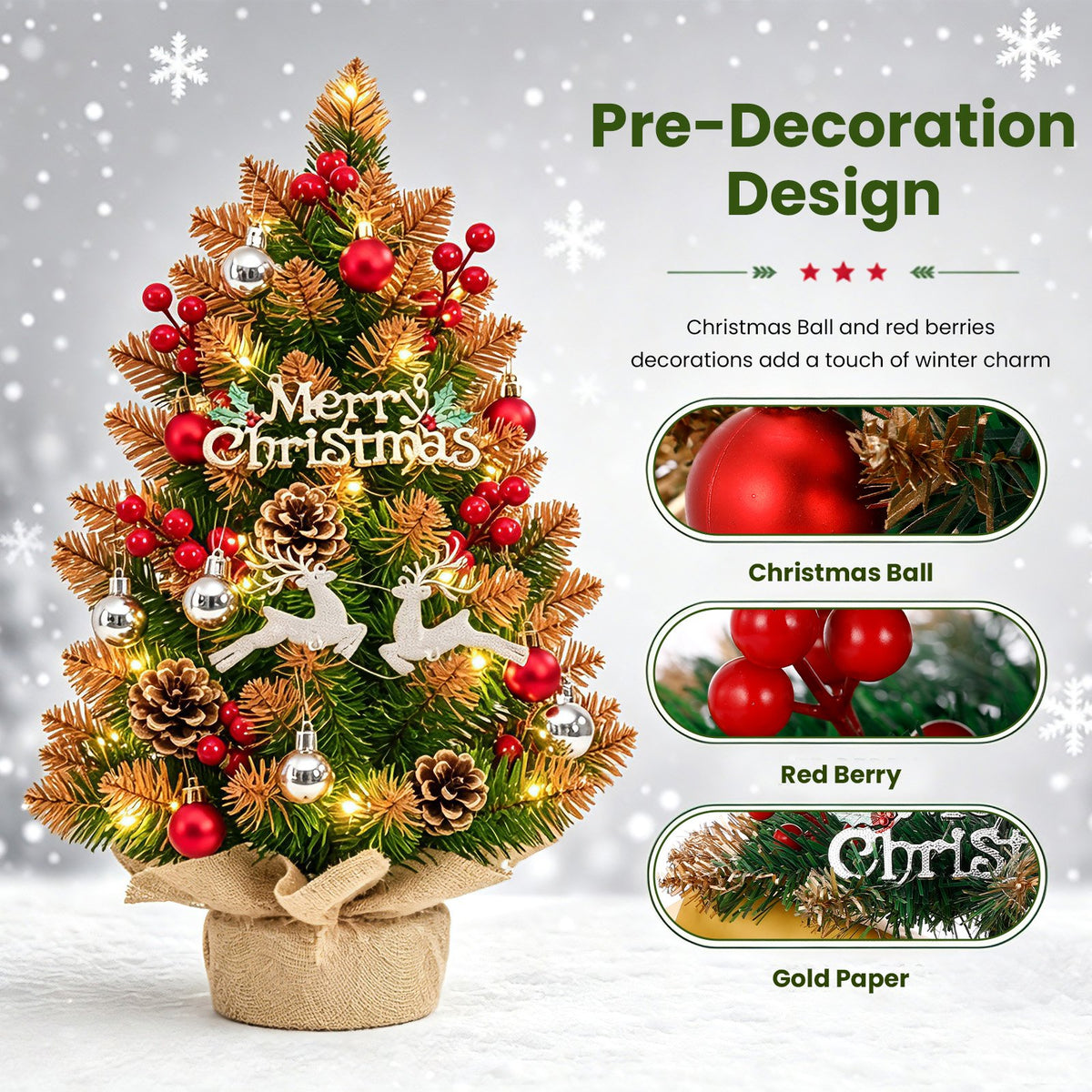 Mini Christmas Tree with Lights, Battery Operated 18 inch Small Artificial Table Top Christmas Tree Decoration with Red Berries, Ball Ornaments, Deer Ornaments DIY Holiday Home Office Indoor Decor