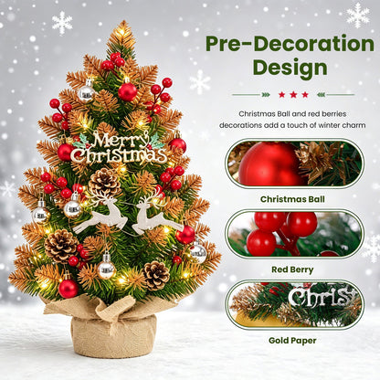 Mini Christmas Tree with Lights, Battery Operated 18 inch Small Artificial Table Top Christmas Tree Decoration with Red Berries, Ball Ornaments, Deer Ornaments DIY Holiday Home Office Indoor Decor