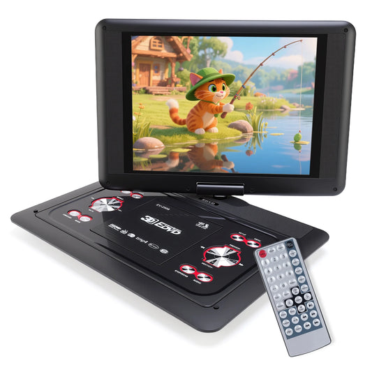 25.8" Portable DVD Player with 14.1" HD Screen for Car, Built-in Rechargeable Battery, Dual Speakers, Support USB/SD Card/Sync TV and Multiple Disc Formats, Remote Control, with Car/AC Adapter, Black