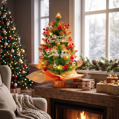 Mini Christmas Tree with Lights, Battery Operated 18 inch Small Artificial Table Top Christmas Tree Decoration with Red Berries, Ball Ornaments, Deer Ornaments DIY Holiday Home Office Indoor Decor
