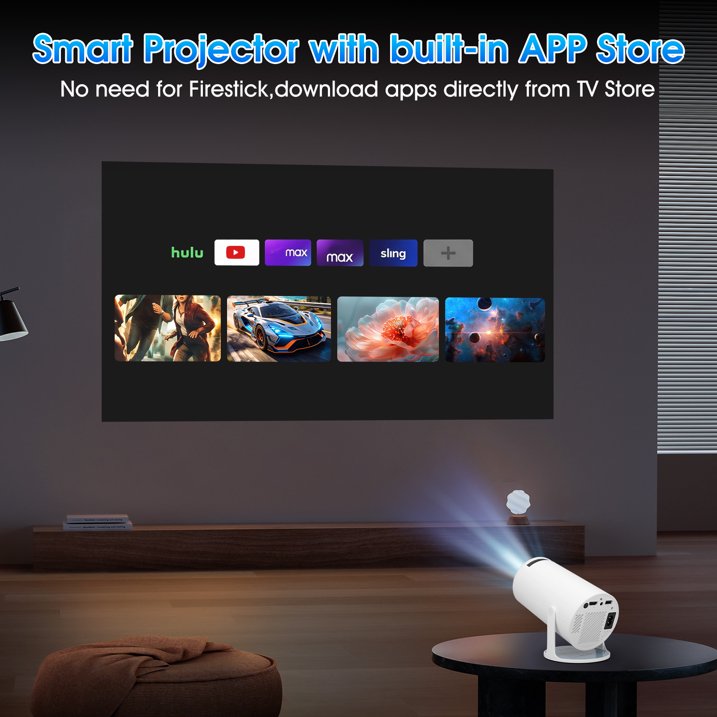 Mini Projector, Portable Projector with WiFi and Bluetooth, Built in Apps, Support 4K 1080P, 180° Rotation, Auto Keystone, Movie Projector Compatible with HD-MI/USB/TV Stick/Smartphone/Laptop