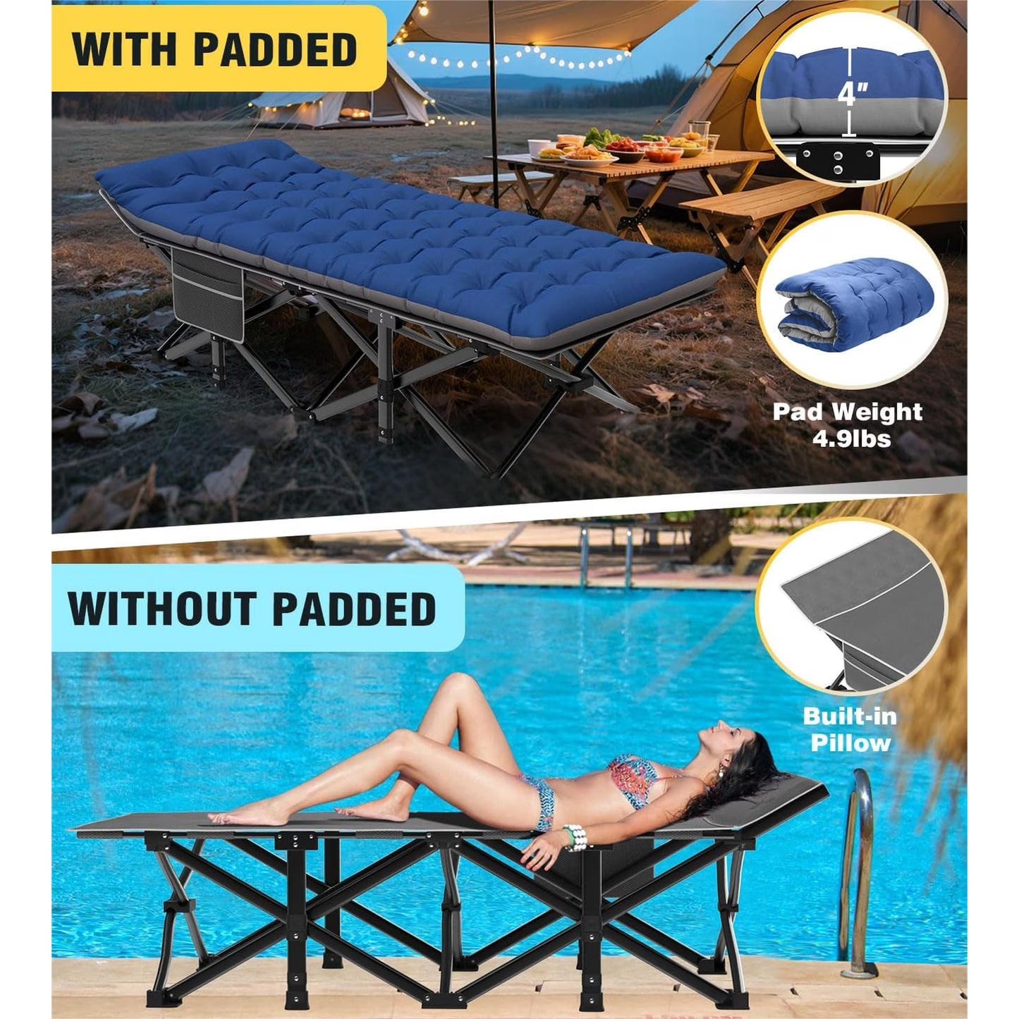 Folding Camping Cots for Adults, Portable Outdoor Camping Bed with Mattress, Heavy Duty Guest Bed Sleeping Cot Folding Bed for Camping Traveling Office Use, 74" X 26", Blue Mattress,