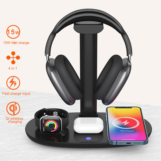 4 in 1 Wireless Charger 15w Headphone Stand for AirPods Max/Pro/2/3 iWatch 7/6/SE/5/4/3/2 iPhone 15/14/13/12/11/XS/XR/X Samsung, Removable Design Headset Holder