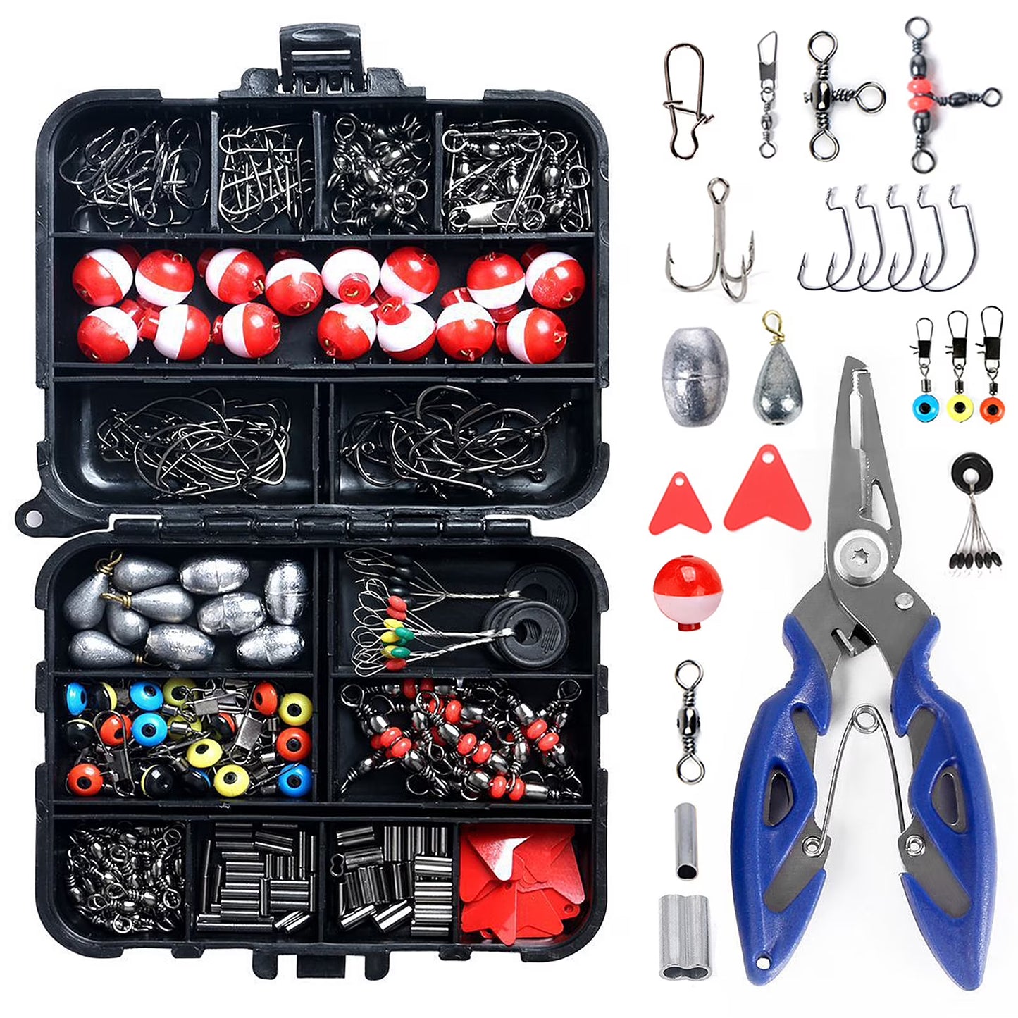 263pcs Fishing Accessories Set with Tackle Box Kit Plier Jig Hooks Sinker Weight Folats Swivels Snaps Sinker Slides,Red + White