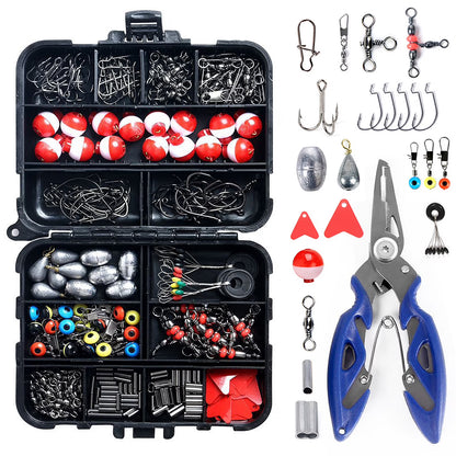 263pcs Fishing Accessories Set with Tackle Box Kit Plier Jig Hooks Sinker Weight Folats Swivels Snaps Sinker Slides,Red + White