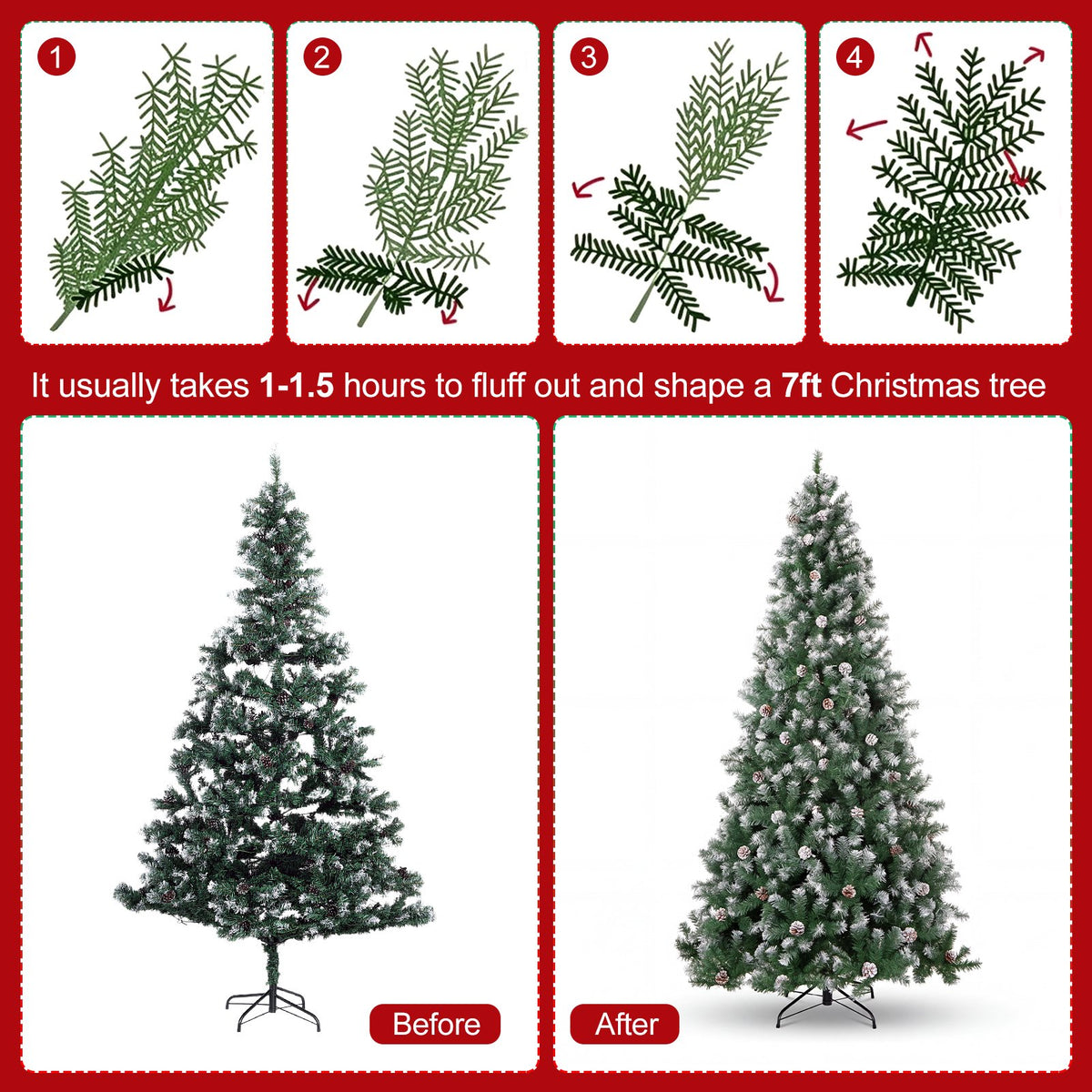7ft Artificial Xmas Tree Realistic Fire Proof PVC Snow Flocked Xmas Tree with Pinecones String Lights Dense Branches for Home Holiday Decor