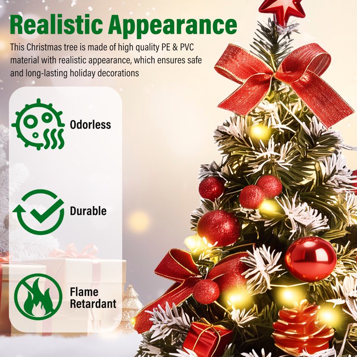 3 Pack Pre-lit Mini Christmas Tree, 16inch Snowy Flocked Tabletop Small Artificial Christmas Tree with 30 LED Lights, Berries Ball Ornaments, Perfect for Home Kitchen Desk Holiday Xmas Decorations