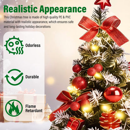 3 Pack Pre-lit Mini Christmas Tree, 16inch Snowy Flocked Tabletop Small Artificial Christmas Tree with 30 LED Lights, Berries Ball Ornaments, Perfect for Home Kitchen Desk Holiday Xmas Decorations