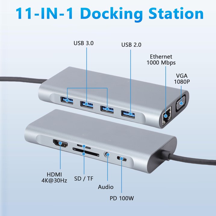 11 in 1 USB C Docking Station Dual Monitor with HDMI & VGA Ports, Laptop Docking Station w/ 4K@30Hz HDMI, 5Gbps USB-A, 100W PD, Gigabit Ethernet/SD Card Reader/Audio Port, USB C Hub Multiport Adapter