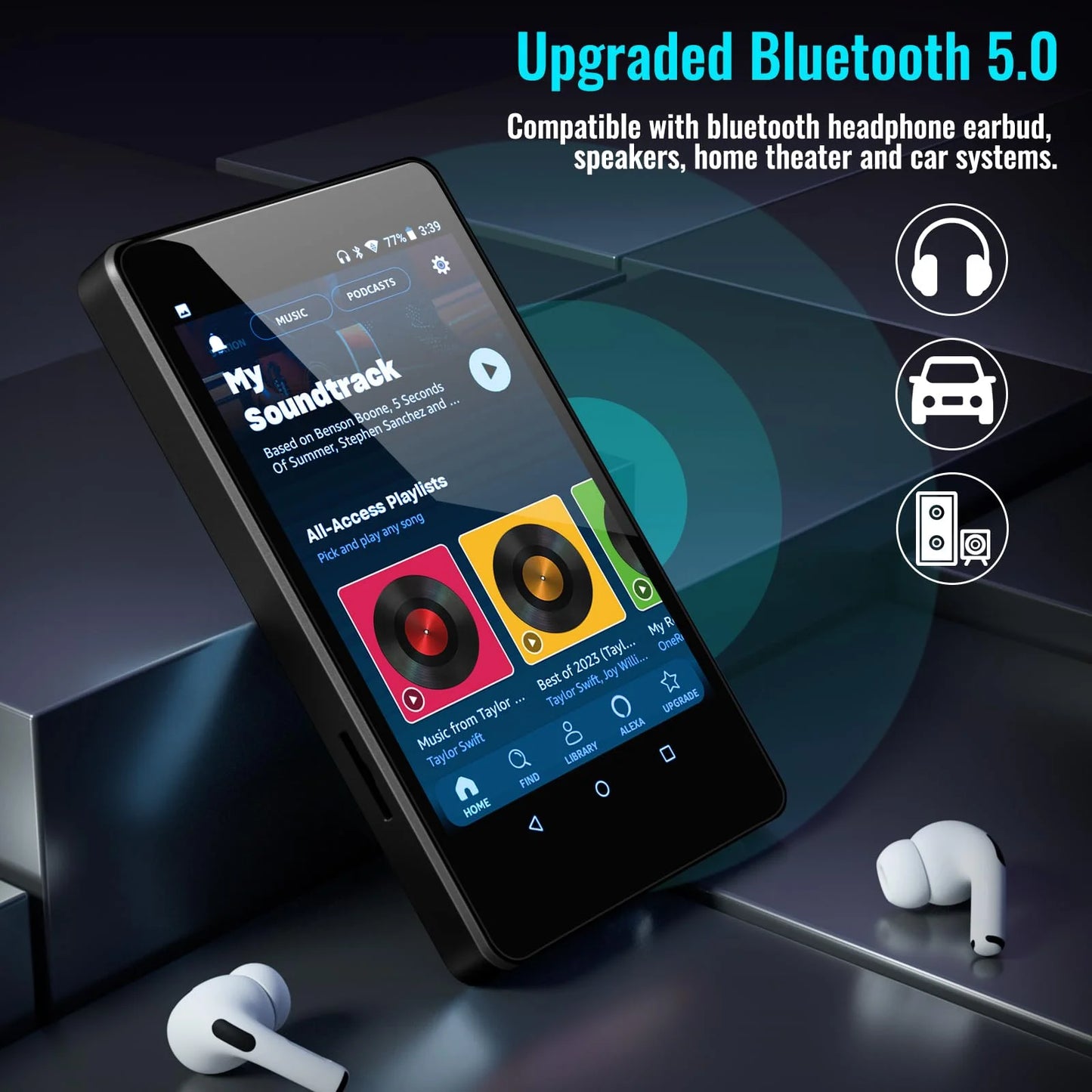 144GB MP3 Player with Bluetooth and WiFi, 4.0" Full Touchscreen MP3 MP4 Player for Kids, Android Music Player with Speaker, Browser, Audible, E-Book, Support Up to 256GB, Black