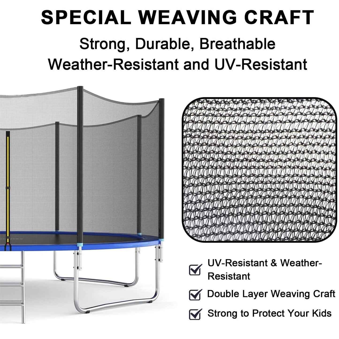 16FT Trampoline Replacement Safety Enclosure Net for 12 Sraight Poles, Trampoline Safety Net Replacement Enclosure Net for 16FT, Weather-Resistant, Tear-Proof, NET ONLY