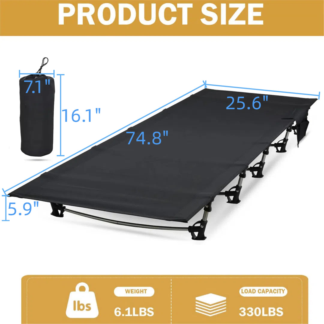 75" Portable Camping Cot For Adults, 330 Lbs Folding Camping Bed With 5 Stabilizers & Side Pocket, Black Guest Bed Easy Setup Lightweight Camping Cots For Hiking Climbing Backpacking, 25.6"x5.9"