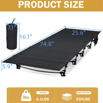 75" Portable Camping Cot For Adults, 330 Lbs Folding Camping Bed With 5 Stabilizers & Side Pocket, Black Guest Bed Easy Setup Lightweight Camping Cots For Hiking Climbing Backpacking, 25.6"x5.9"