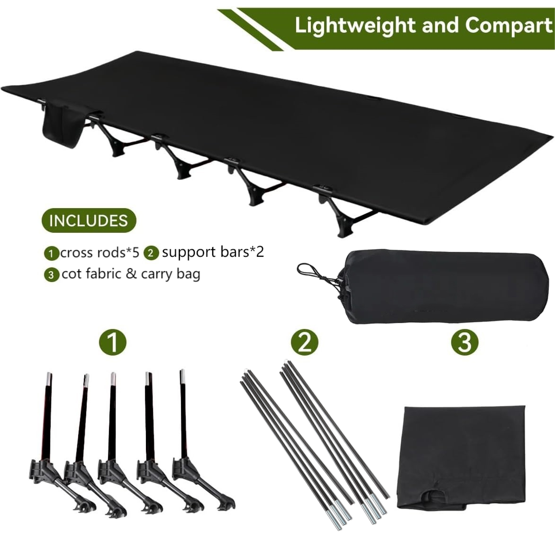 75" Portable Camping Cot For Adults, 330 Lbs Folding Camping Bed With 5 Stabilizers & Side Pocket, Black Guest Bed Easy Setup Lightweight Camping Cots For Hiking Climbing Backpacking, 25.6"x5.9"