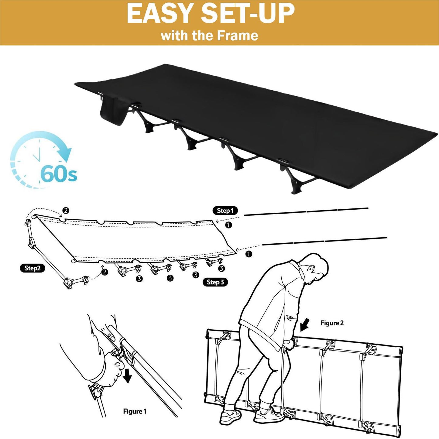 75" Portable Camping Cot For Adults, 330 Lbs Folding Camping Bed With 5 Stabilizers & Side Pocket, Black Guest Bed Easy Setup Lightweight Camping Cots For Hiking Climbing Backpacking, 25.6"x5.9"