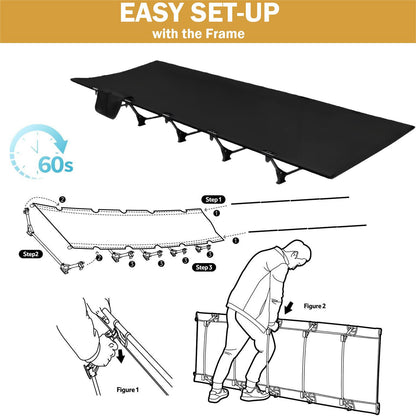 75" Portable Camping Cot For Adults, 330 Lbs Folding Camping Bed With 5 Stabilizers & Side Pocket, Black Guest Bed Easy Setup Lightweight Camping Cots For Hiking Climbing Backpacking, 25.6"x5.9"