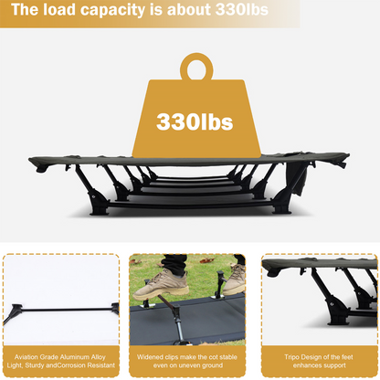75" Portable Camping Cot For Adults, 330 Lbs Folding Camping Bed With 5 Stabilizers & Side Pocket, Black Guest Bed Easy Setup Lightweight Camping Cots For Hiking Climbing Backpacking, 25.6"x5.9"