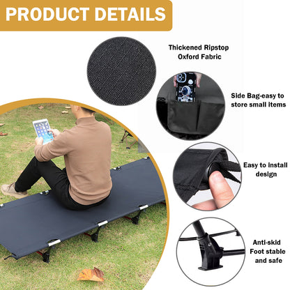 75" Portable Camping Cot For Adults, 330 Lbs Folding Camping Bed With 5 Stabilizers & Side Pocket, Black Guest Bed Easy Setup Lightweight Camping Cots For Hiking Climbing Backpacking, 25.6"x5.9"
