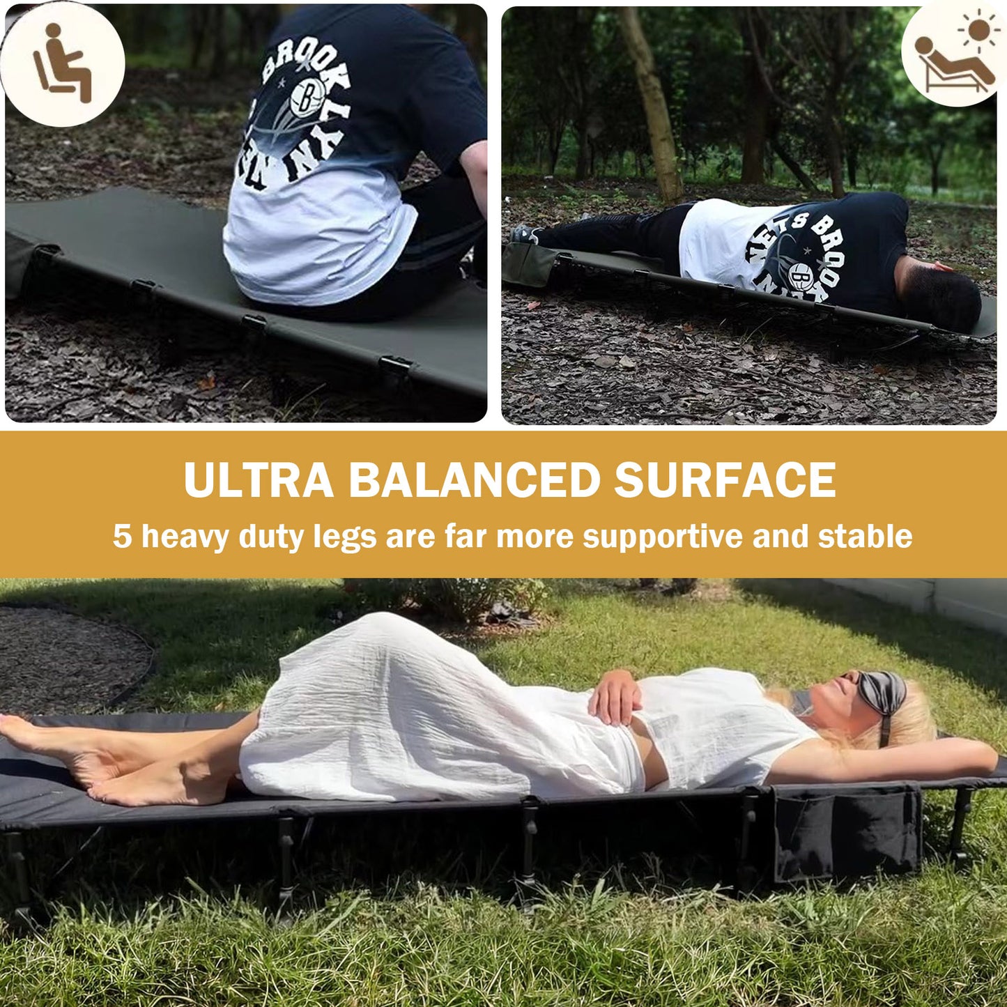 75" Portable Camping Cot For Adults, 330 Lbs Folding Camping Bed With 5 Stabilizers & Side Pocket, Black Guest Bed Easy Setup Lightweight Camping Cots For Hiking Climbing Backpacking, 25.6"x5.9"