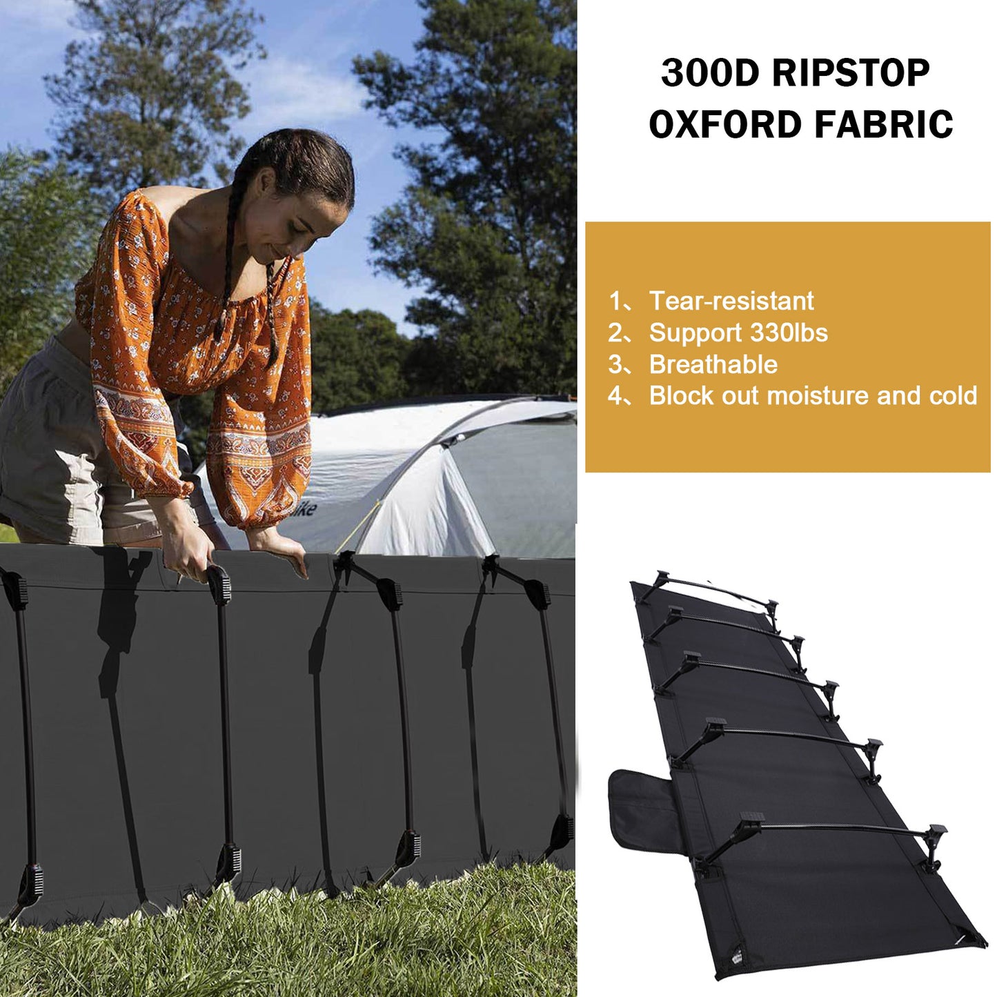 75" Portable Camping Cot For Adults, 330 Lbs Folding Camping Bed With 5 Stabilizers & Side Pocket, Black Guest Bed Easy Setup Lightweight Camping Cots For Hiking Climbing Backpacking, 25.6"x5.9"