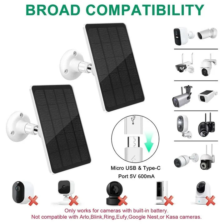 3W Solar Panel for Security Camera, 5V USB Solar Panel Charger with 9.8ft Cable Micro USB & Type C Port, Compatible with Rechargeable Battery Powered Cam, IP65 Waterproof, 360° Adjustable Bracket