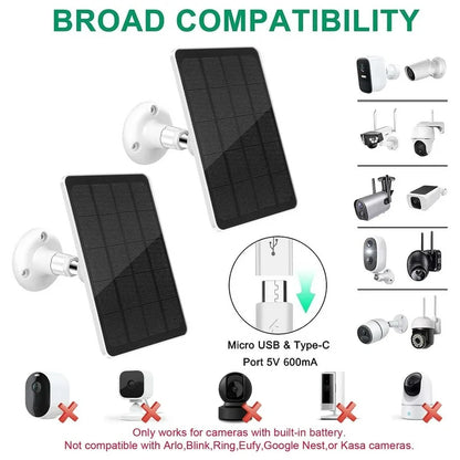 3W Solar Panel for Security Camera, 5V USB Solar Panel Charger with 9.8ft Cable Micro USB & Type C Port, Compatible with Rechargeable Battery Powered Cam, IP65 Waterproof, 360° Adjustable Bracket