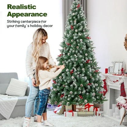 7FT Artificial Christmas Tree w/ 1100 PVC Branch Tips, Pine Cone & Red Berries for Home Office Party Decor, Snow Flocked Xmas Tree with Foldable Metal Stand, Indoor Holiday Festival Decoration