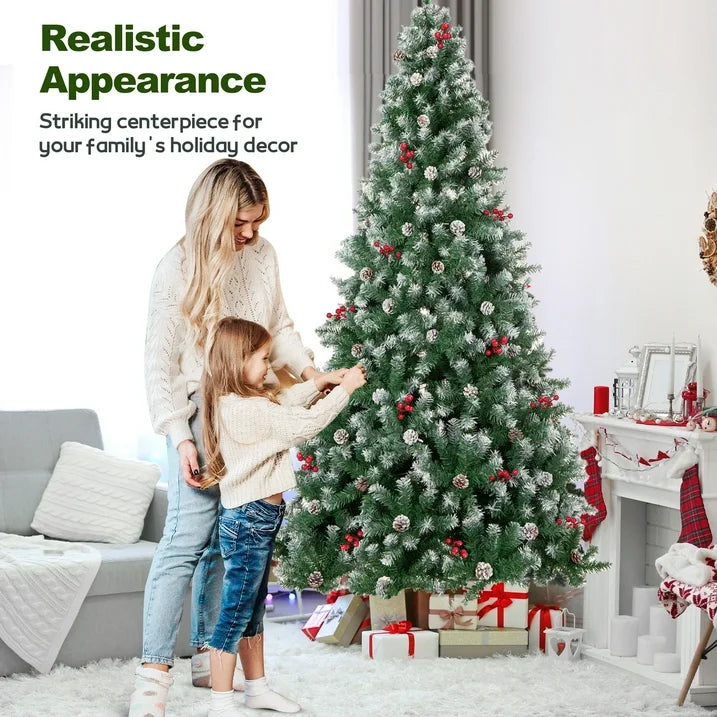 6FT Pre-Decorated Artificial Christmas Tree w/ 800 PVC Branch Tips, Pine Cone & Red Berries for Home Office Party Decoration, Partially Flocked Design Xmas Trees w/ Dense Branches & Metal Stand