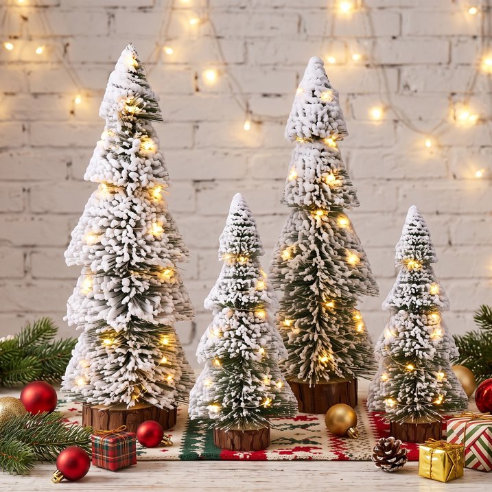 4Pcs Christmas Mini Trees with 9.8ft Light String,Artificial Snow Frost Christmas Trees in 4 Size Bottle Brush Xmas Tree w/ Wooden Base Xmas Pine Tree for Winter Holiday Party Home Table Crafts Decor