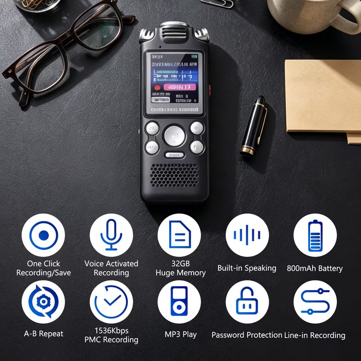 32GB Digital Voice Recorder with Playback, 1000 Hours Audio Recording Device, Voice Activated Recorder w/ Noise Reduction,A-B Repeat, MP3 Player and Password for Lectures Meeting/Classes/Interviews