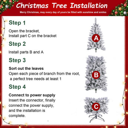 7ft Prelit Snow Flocked Artificial Hinged Slim Pencil Christmas Tree with Warm White Lights, Flocked Pencil Spruce Tree for Christmas Holiday