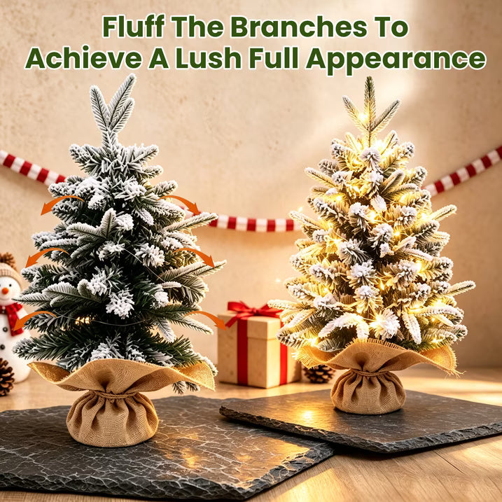 2ft Pre-lit Mini Christmas Snow Flocked Tree, Tabletop Artificial Christmas Tree with LED Lights, Small DIY Decor Xmas Pine Tree with Cloth Bag Base for Indoor Outdoor Home Dining Table Decorations