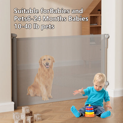 Retractable Mesh Baby & Dog Pet Safety Gate for Stairs & Doorways - 34" Tall, Extends to 71" Wide - Indoor & Outdoor Child Gates for the House, Gray