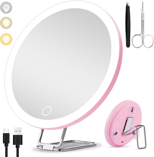 Magnifying Mirror with Light 30X, Large 6" Rechargeable 3 Colors Modes Dimming Lighted Makeup Mirror with 30X Magnification, LED Travel Magnified Mirror with 3 Suction Cups and 360 Degree Table Stand