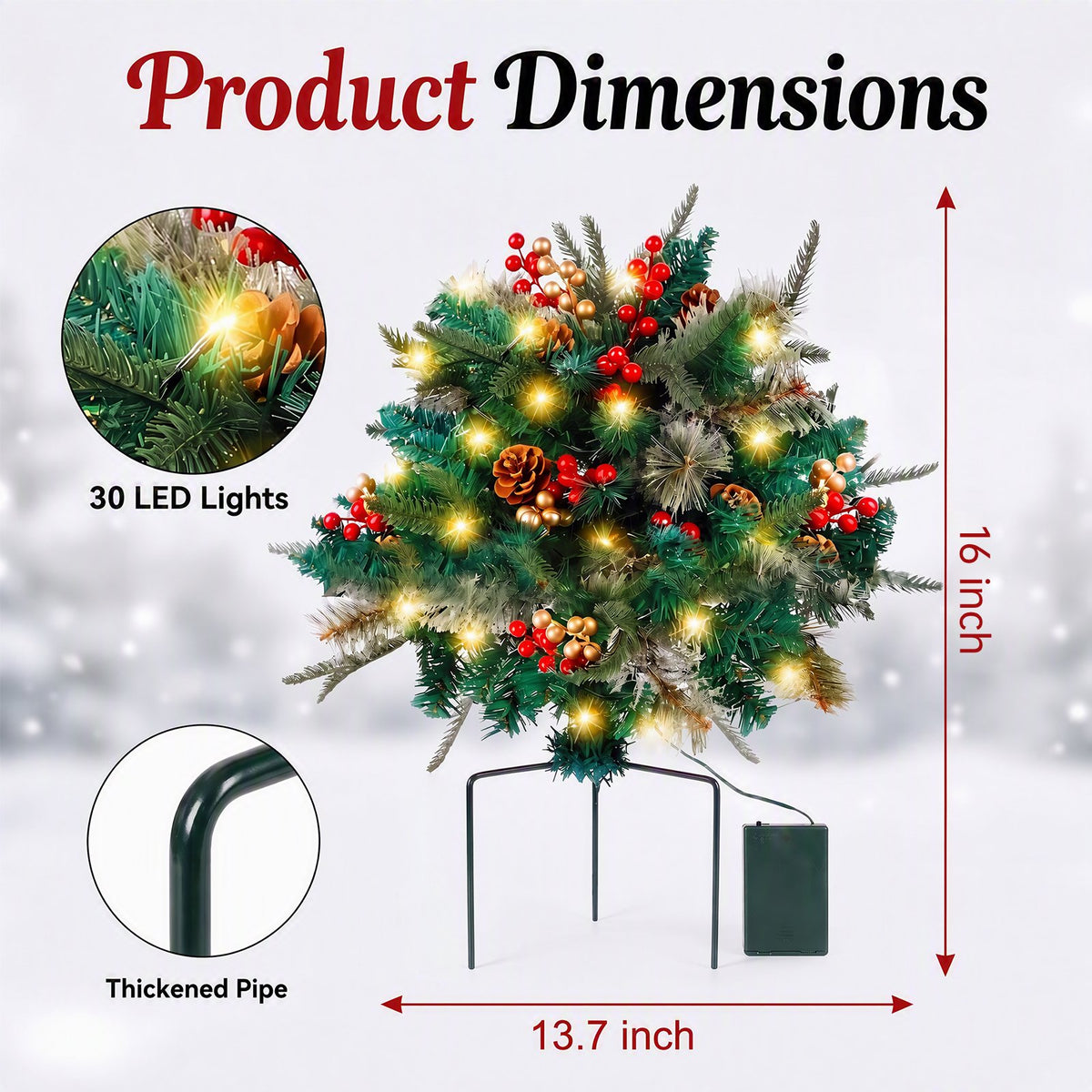 2 Pack Pathway Christmas Tree, Battery Operated Pre-Lit Artificial Small Xmas Tree Urn Filler w/LED Lights Berries and Pine Cones Ornaments for Porch, Driveway, Yard Festival Holiday Decorations