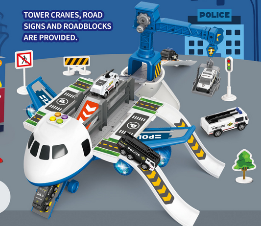 Kids Airplane Parking Lot Toys Track Car Toys for 3 4 5 6 7 Boys Girls, Music and Sound Transport Plane with 4 Alloy Pull Back Police Cars, Toy Tower Crane, Birthday Gift for Toddler Age 2-6