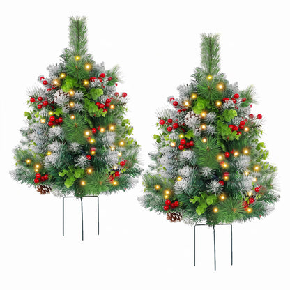 2 Pack 24inch Pre-Lit Pathway Christmas Trees Urn Filler, Artificial Mini Xmas Trees with Tripod Stake, 30 LED Lights & Timer, Battery Powered Outdoor Light Up Planter Filler Festival Holiday Decor