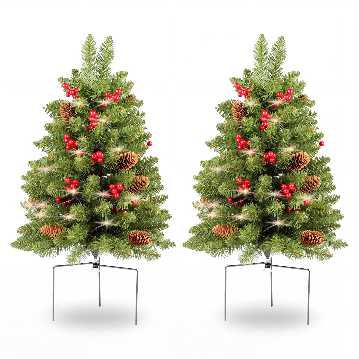 2 Pack 30 inch Prelit Outdoor Christmas Tree, Small Pre-Decorated Green Xmas Tree with Cones & Red Berries, 30 Warm Lights, Urn Filler Holiday Decor for Entrance Driveway, Yard, Garden