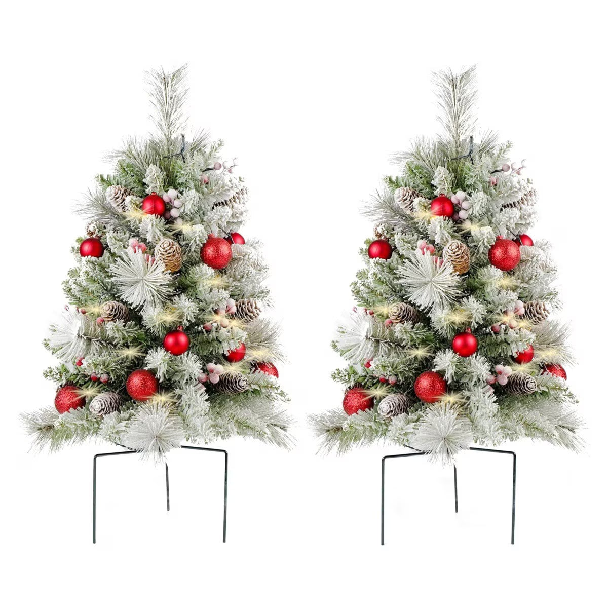 2Pcs 76cm Artificial Christmas Tree PVC Outdoor Decorative Mini Xmas Tree Set, Red Bows & Glitter Ornaments