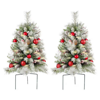 2Pcs 76cm Artificial Christmas Tree PVC Outdoor Decorative Mini Xmas Tree Set, Red Bows & Glitter Ornaments